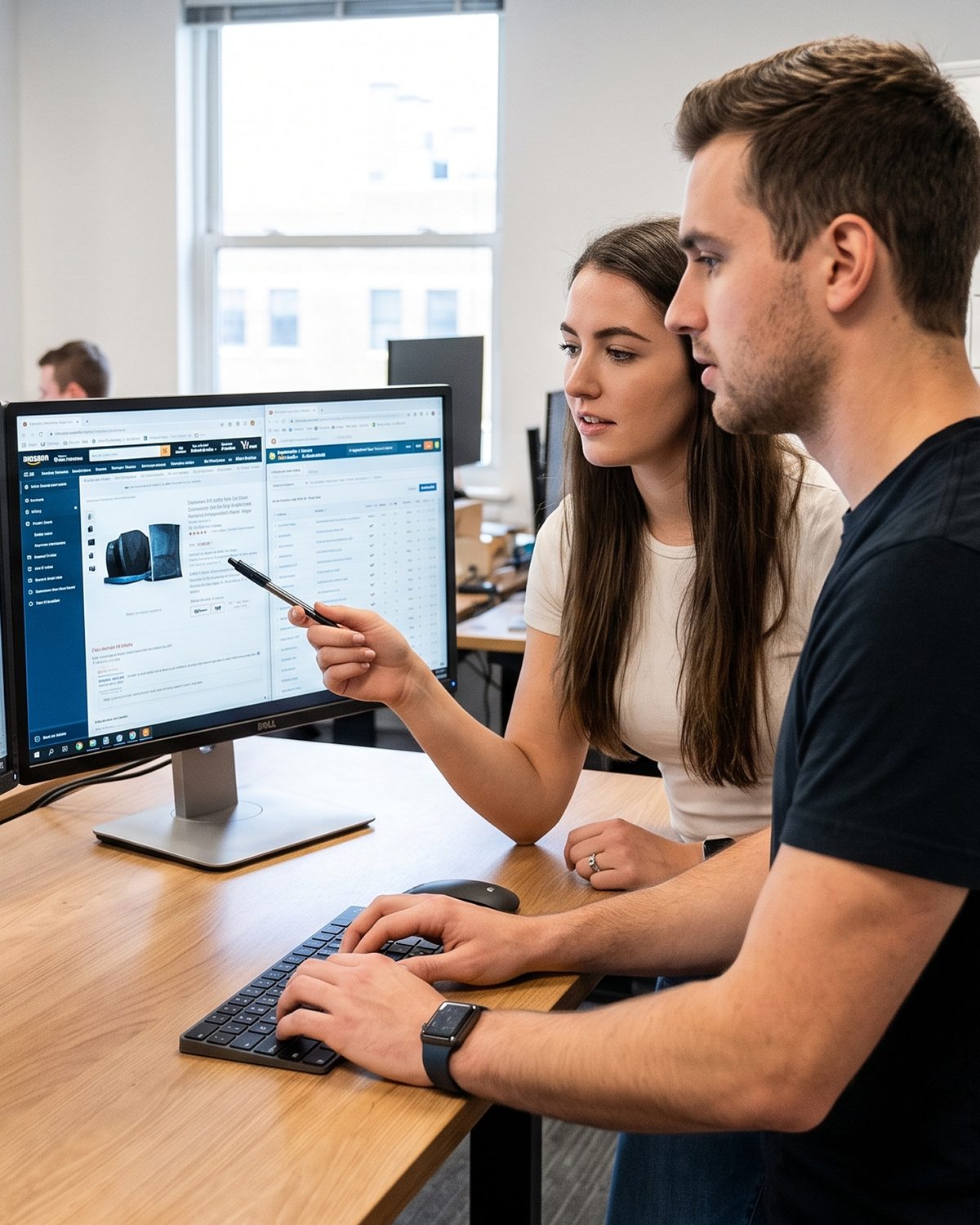 Two marketing specialists reviewing Amazon performance dashboards on a monitor