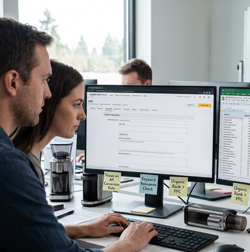 Specialist analysing search rankings across dual monitors