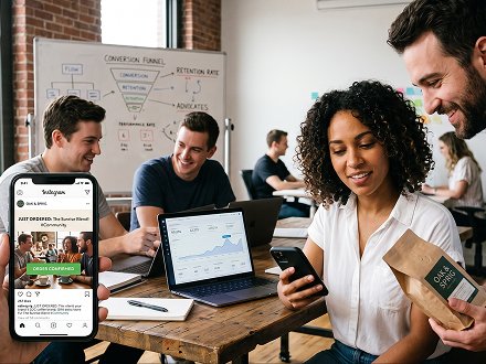 Social feed and engagement analytics on phone and laptop